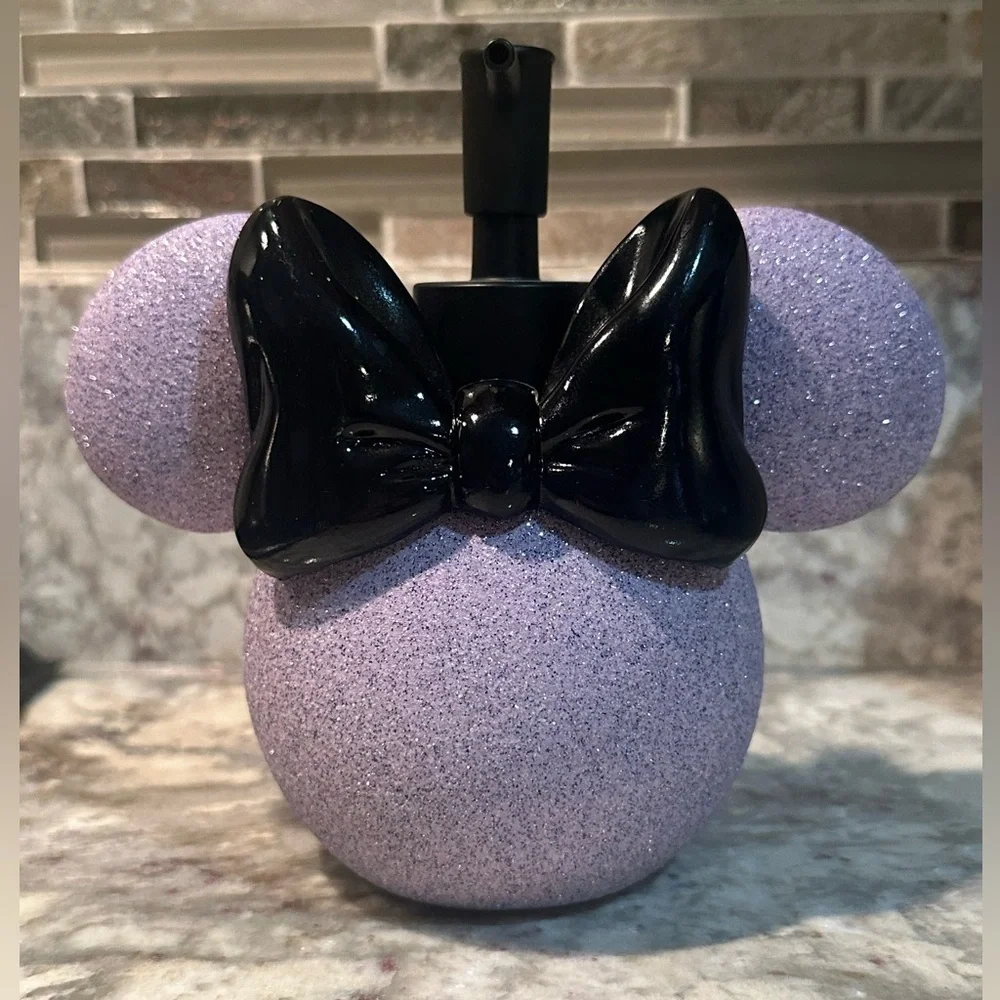 Disney Minnie Mouse Glitter Soap Dispenser Purple Black Bow Bathroom Decor
